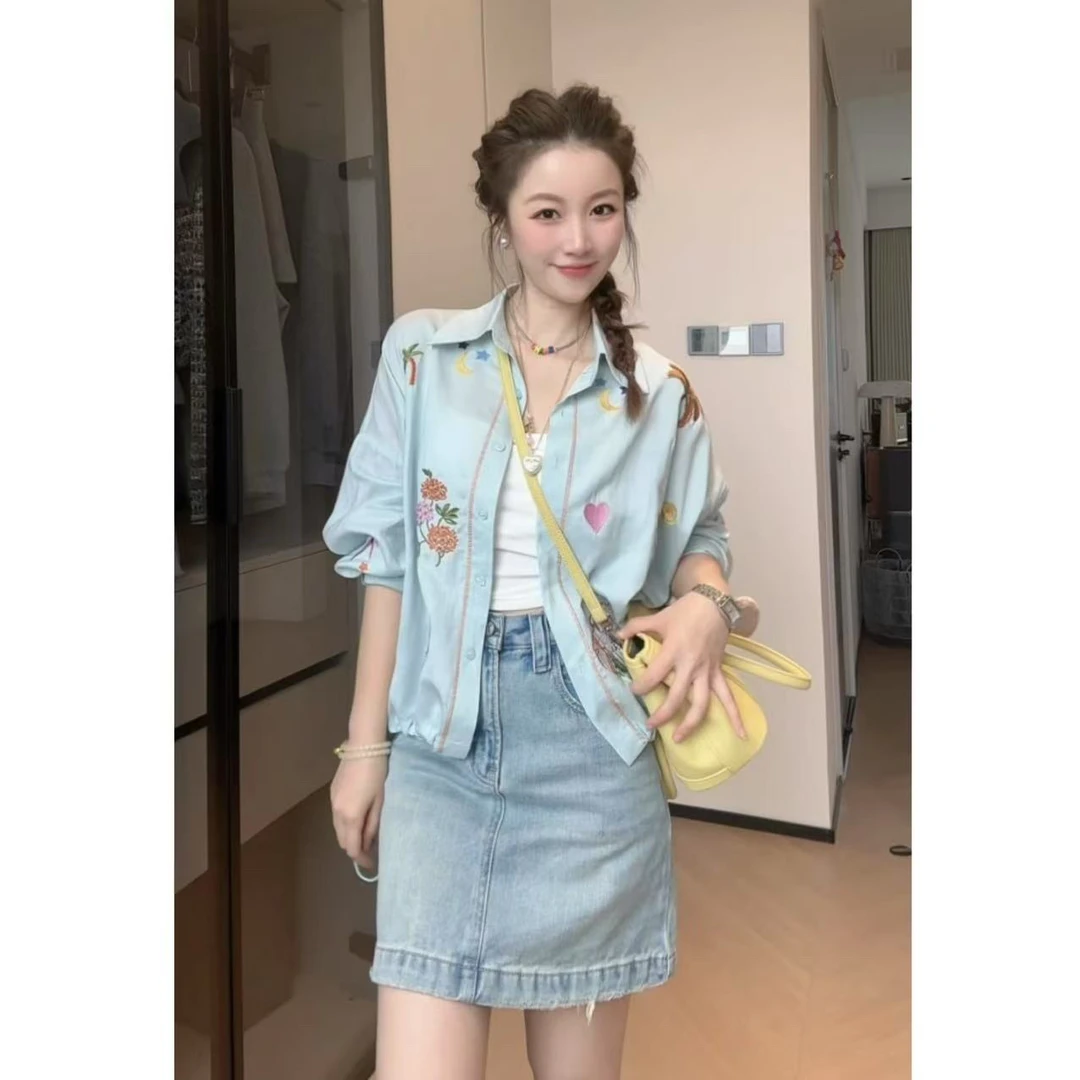 【天天专属】 【现货秒发】09399  夏款防晒甜美刺绣花朵亚麻衬衣