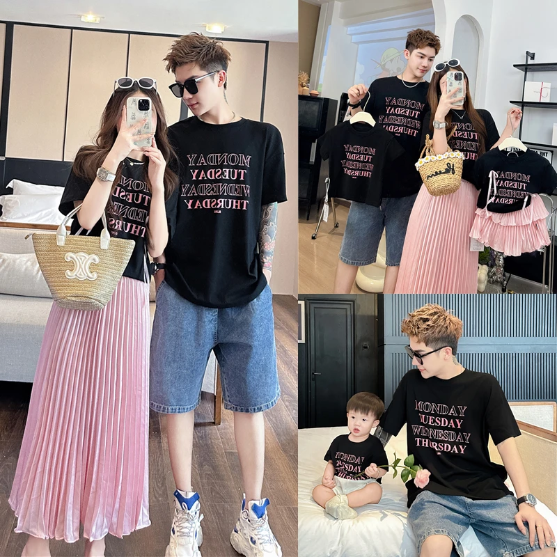 休闲字母休闲风夏季A类亲子装女装短裤上衣t恤时尚一家三口