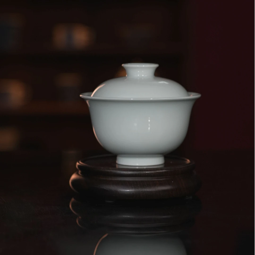 小古珍藏-景德镇全手工手绘茶具盖碗白胎诗词内绘行到水穷处