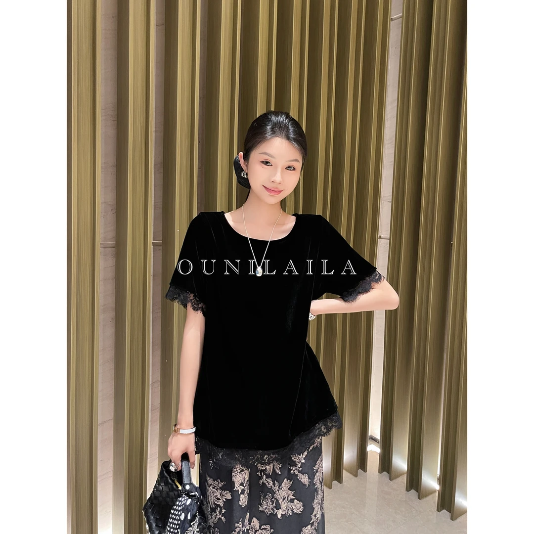 欧尼家【雾散】真丝质感蕾丝拼接短袖 / 丝绒显贵套头T恤DX8169N