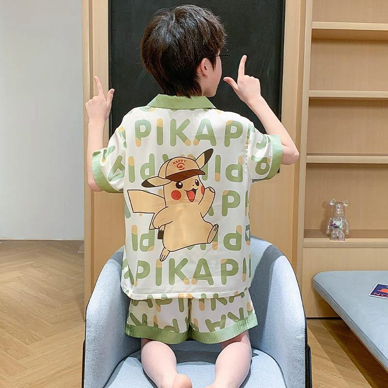 FAVMARTHA男童睡衣2025新款夏季冰丝短袖薄款儿童男孩卡通青少年