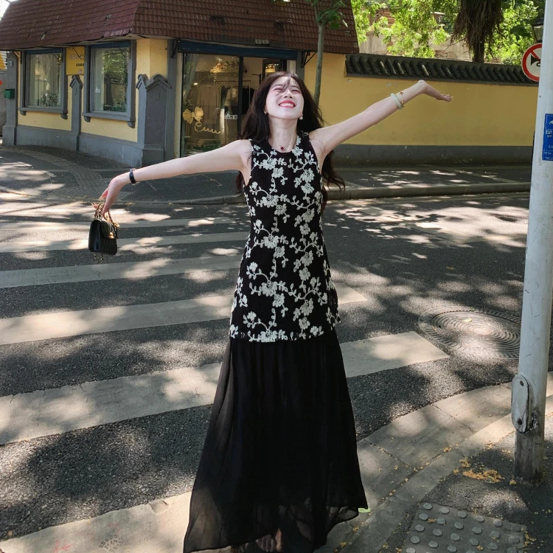 新中式背心连衣裙夏小个子海边度假高级感碎花假两件无袖长裙
