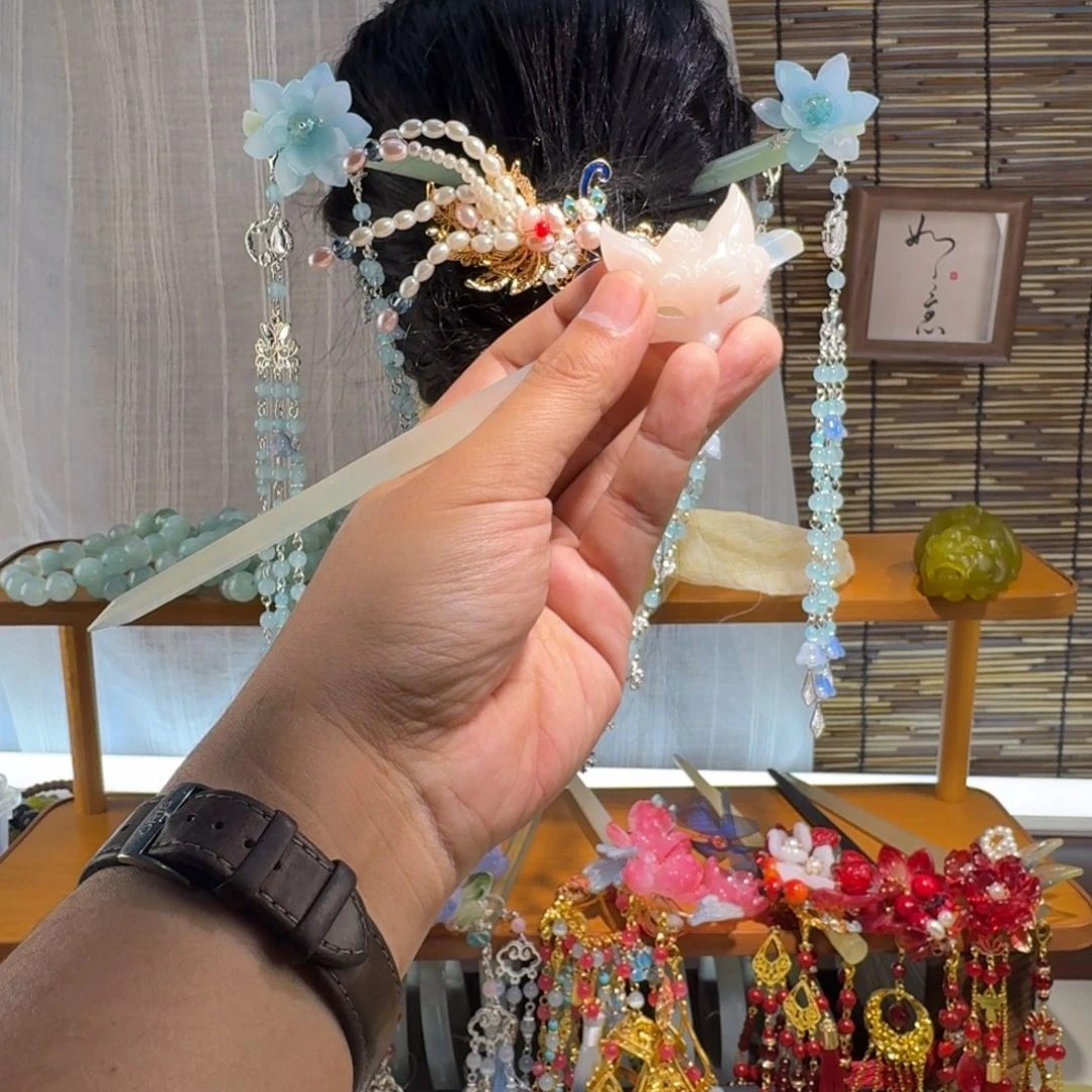 僮***倳蛇纹石玉合金发饰