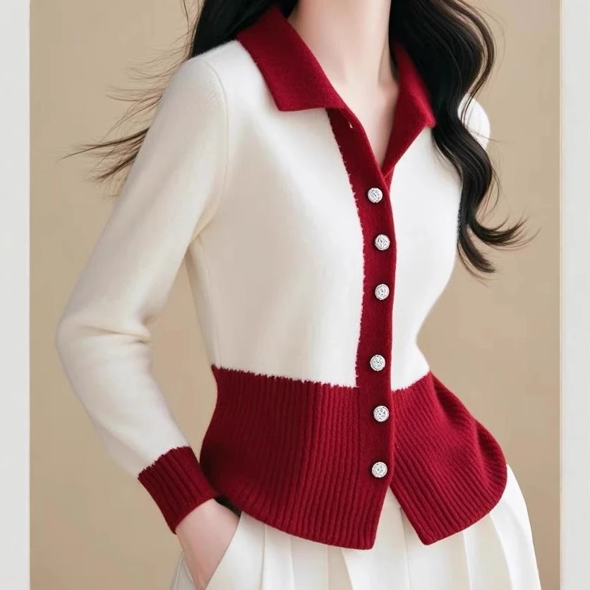 时尚精致优雅风红白撞色翻领长袖毛针织开衫女秋冬款好看软糯小衫
