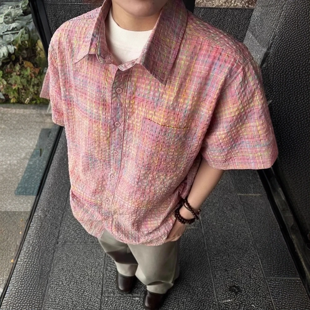 美式复古粉色格子短袖衬衫男情侣定番版型色织格纹泡泡纱翻领衬衣
