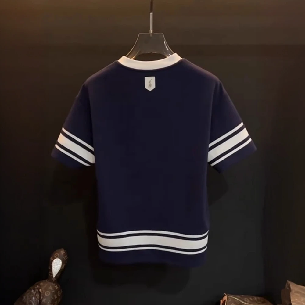 男士经典圆领休闲短袖t2025夏季时尚条纹拼接半截袖潮流复古蓝T恤