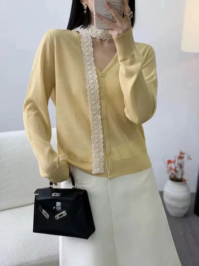 〔怡怡家〕V领蕾丝飘带针织开衫上衣9217