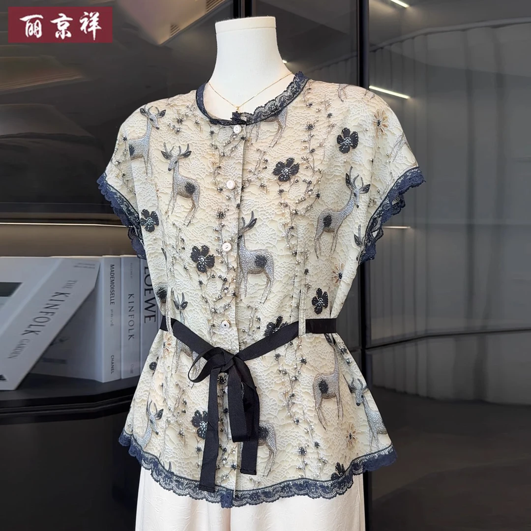 气质妈妈装夏季雪纺减龄衬衫套装中老年女夏装蕾丝收腰短袖两件套