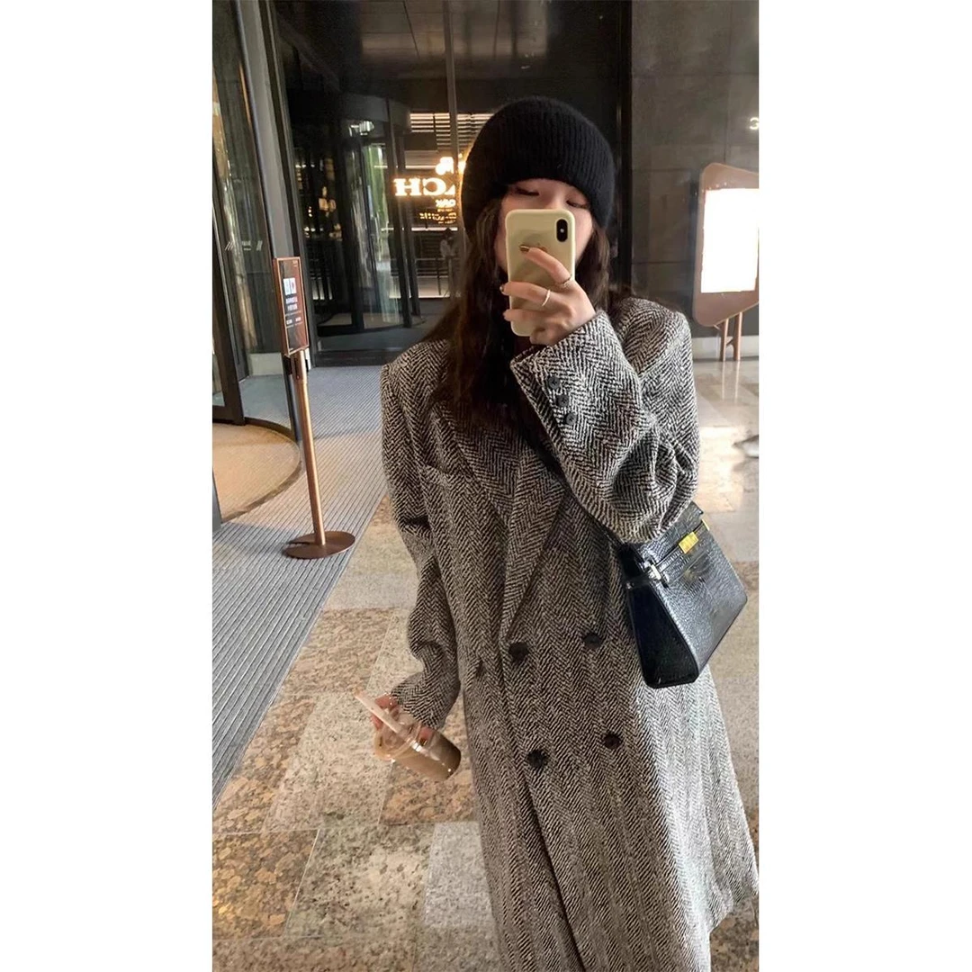 【专柜轻奢】初灿秋冬新款灰色高级感外套女式中长款赫本风格高级