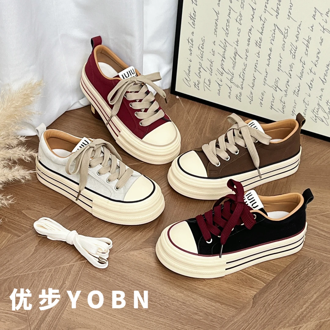 YOBN/优步百搭休闲女士皮面帆布鞋2025秋季ins复古潮鞋板鞋h1526