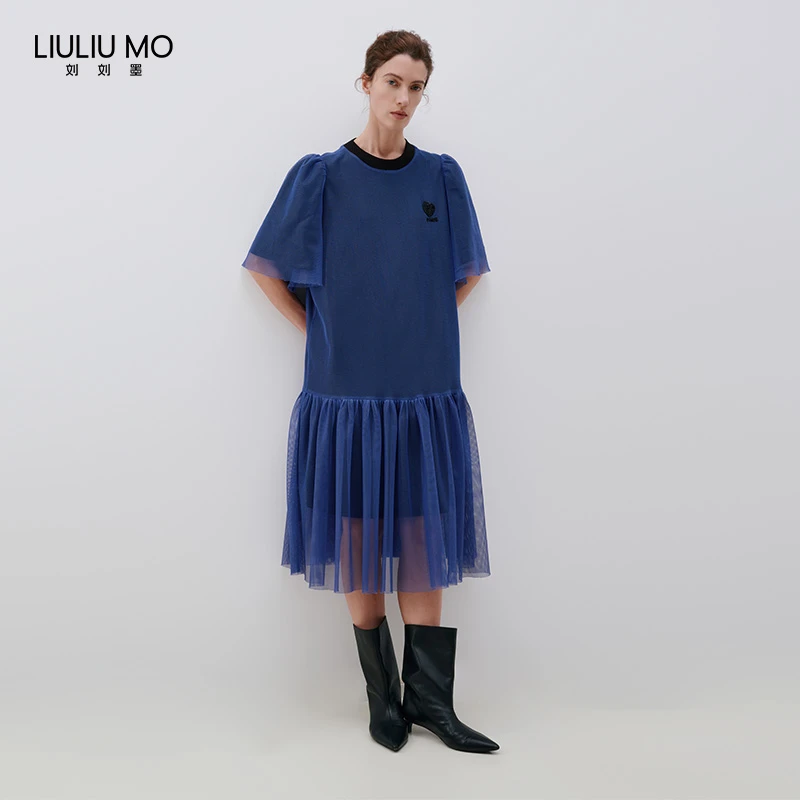 刘刘墨春季新款小众设计黑蓝两色拼接正反两穿时髦百搭连衣裙