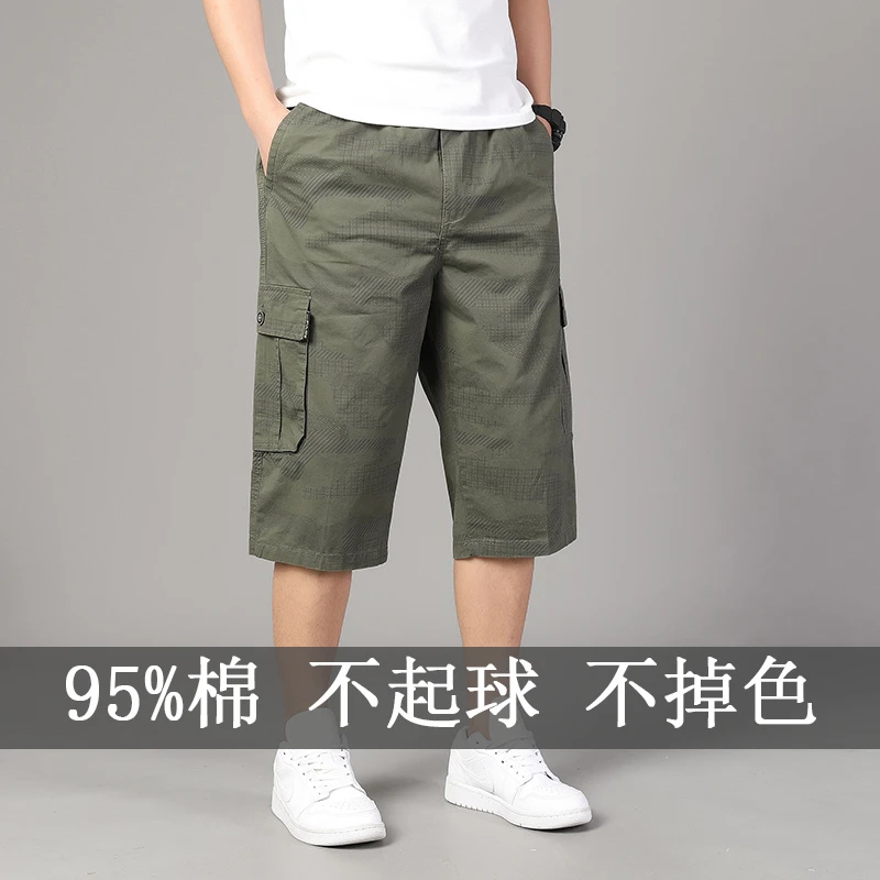 夏季新款男士纯棉宽松工装七分短裤加肥大码直筒休闲裤中高腰7080