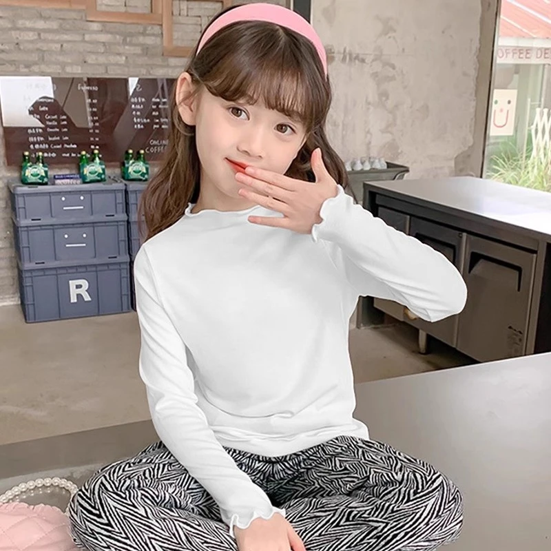 女童纯色木耳边打底衫2025春季新款德绒磨毛长袖宝宝半高领内搭潮