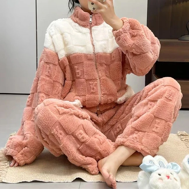 冬季2025女款加绒加厚立领拉链可外穿珊瑚绒睡衣家居服