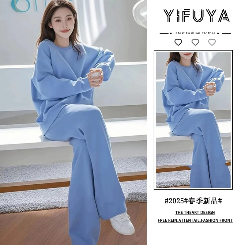 2025超火春装一整套ootd穿搭休闲气质小个子高级感蓝色卫衣两件套