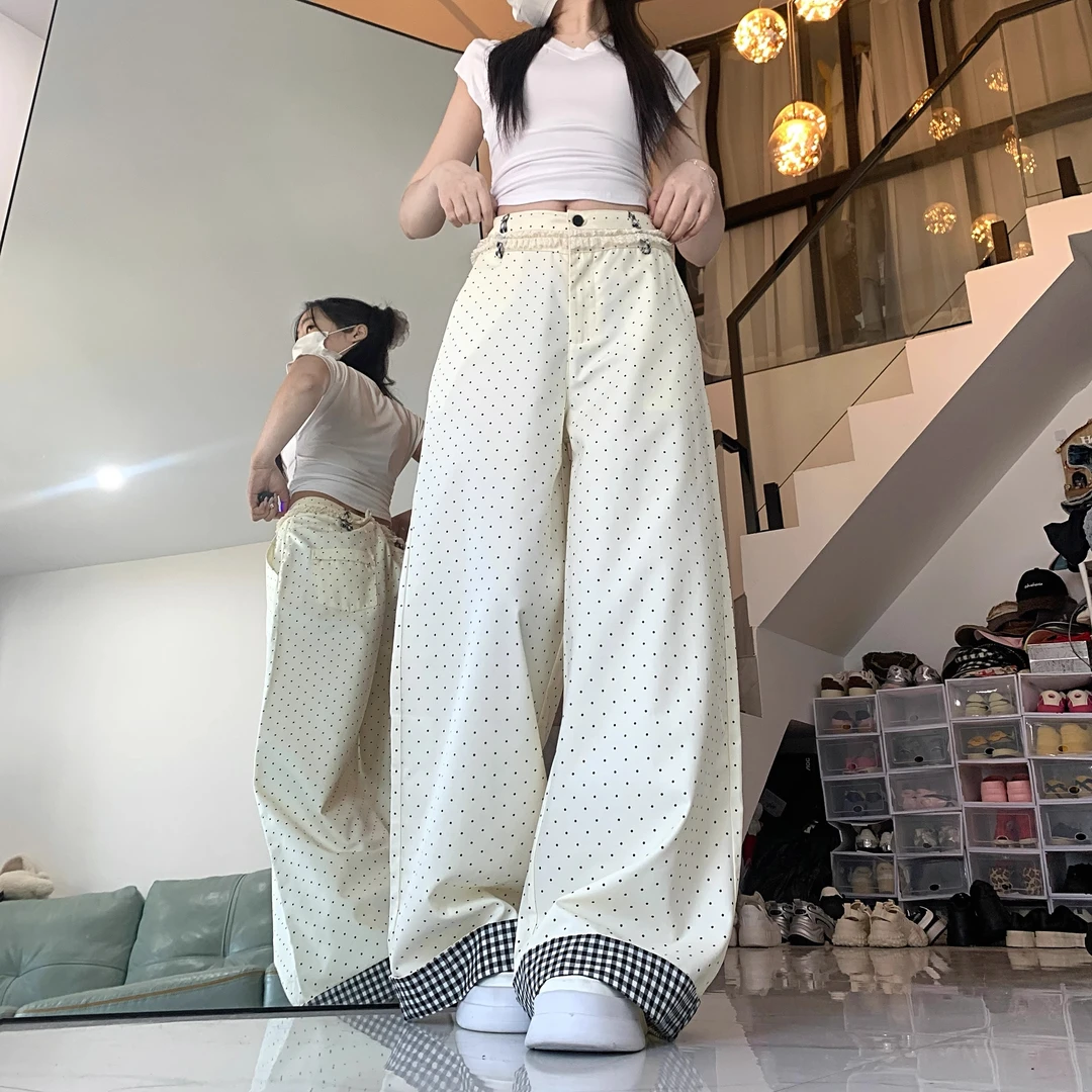 韩系减龄波点花边拼接直筒裤女夏季新款高腰百搭阔腿裤牛仔长裤子