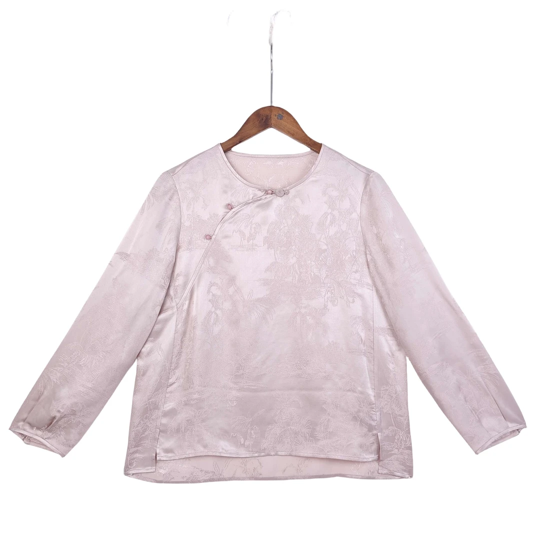 【映岚】桑蚕丝女复古气质中国风新中式长袖斜襟圆领上衣百搭 51192