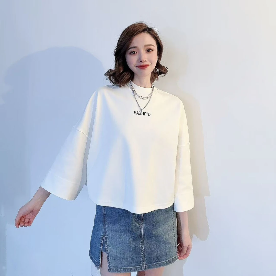 GIRDEAR/哥弟新款时尚百搭简约质感圆领中袖套头卫衣T恤女130053