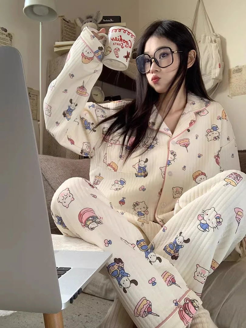 漫画风HelloKitty睡衣女款秋冬季长袖卡通可爱格子春秋款女家居服