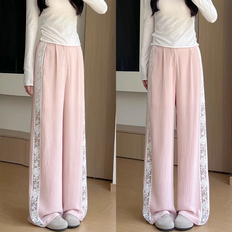 粉色蕾丝拼接西装裤女夏季薄款2025新款小个子宽松显瘦冰丝阔腿裤