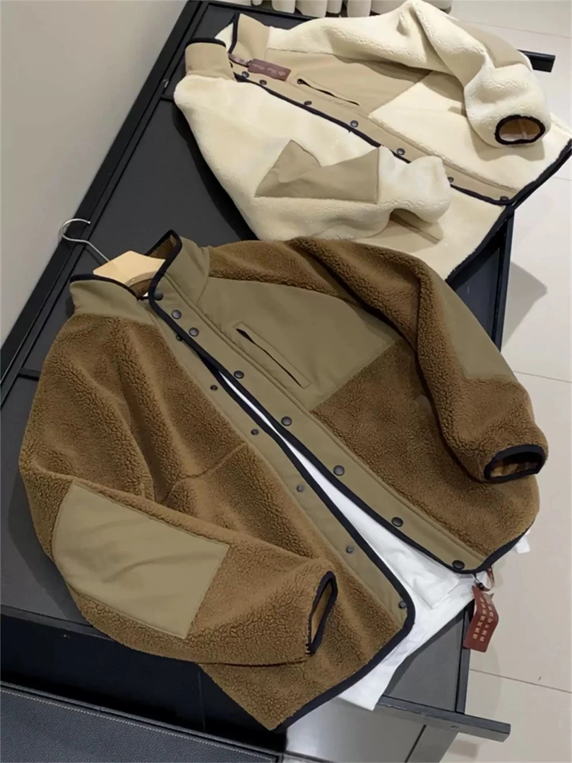 秋冬老钱风复古拼色仿羊羔毛外套休闲防风保暖立领摇粒绒夹克情侣