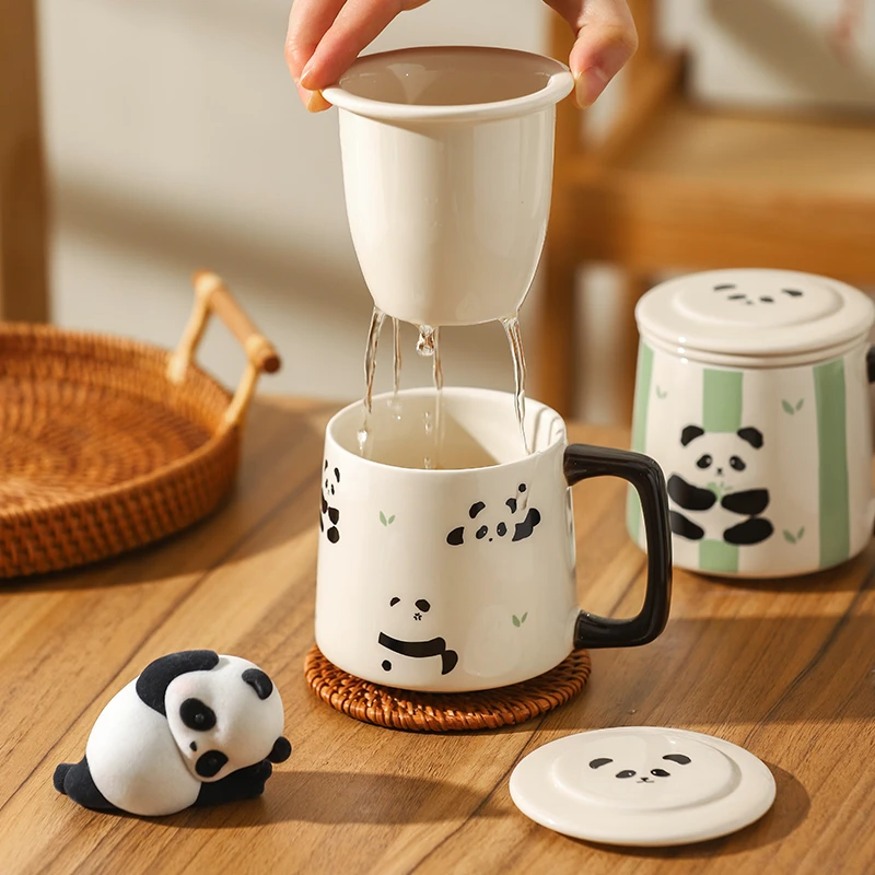 川岛屋熊猫泡茶杯陶瓷办公室喝茶马克杯女士个人专用茶水分离杯子