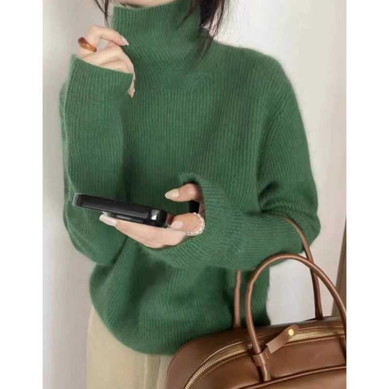 纯色秋冬百搭韩系绿色气质高领堆堆领针织衫打底毛衣女