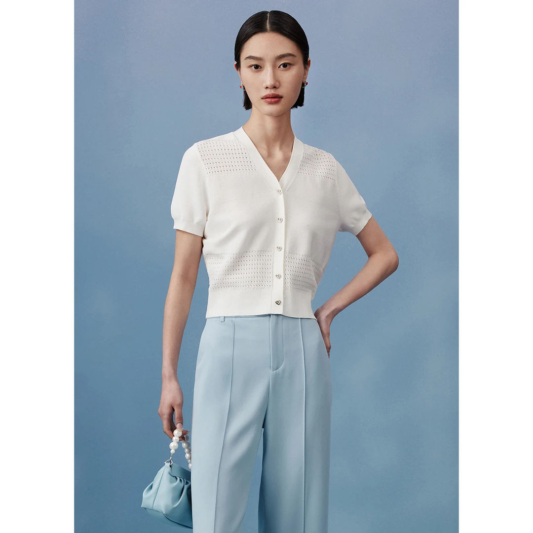纯色V领气质针织T恤夏季镂空白色薄款短袖打底衫短MY731105342-66