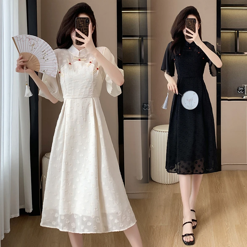 大码新中式女装法式复古旗袍改良国风气质显瘦A字连衣裙3615