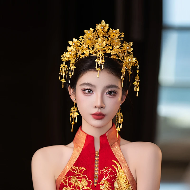合金婚庆饰品 新娘中式婚礼国风爆款华丽凤冠高级带流苏结婚6018