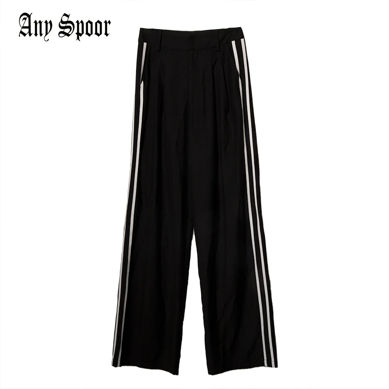 【ANY SPOOR】百搭黑白抽绳高腰直筒宽松开叉垂感休闲阔腿裤73BA44