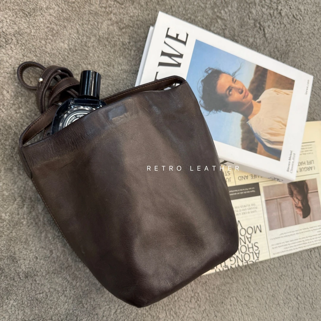 NANGE 【发财桶】重工文艺小桶包头层植鞣牛皮单肩斜挎女包