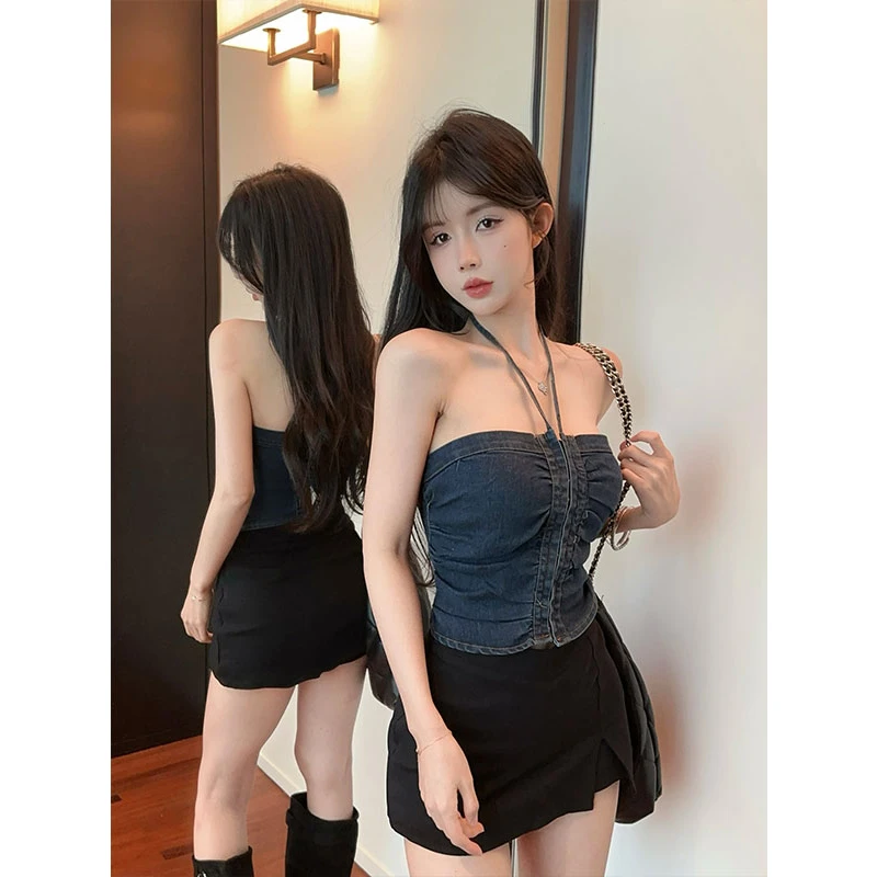 2025年夏季新品复古牛仔褶皱抹胸式挂脖背心半身裙裤时尚两件套