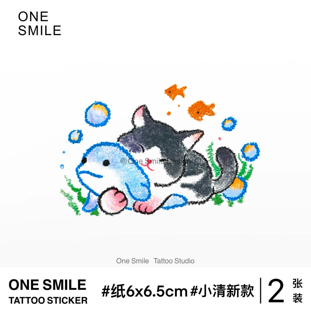 ONESMILE 海豚猫咪 彩色防水持久学生儿童小清新卡通可爱纹身贴