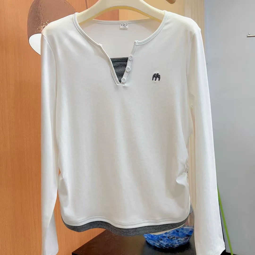 刺绣小象假两件简约宽松大码长袖秋新款冬保暖百搭套头打底T恤衫