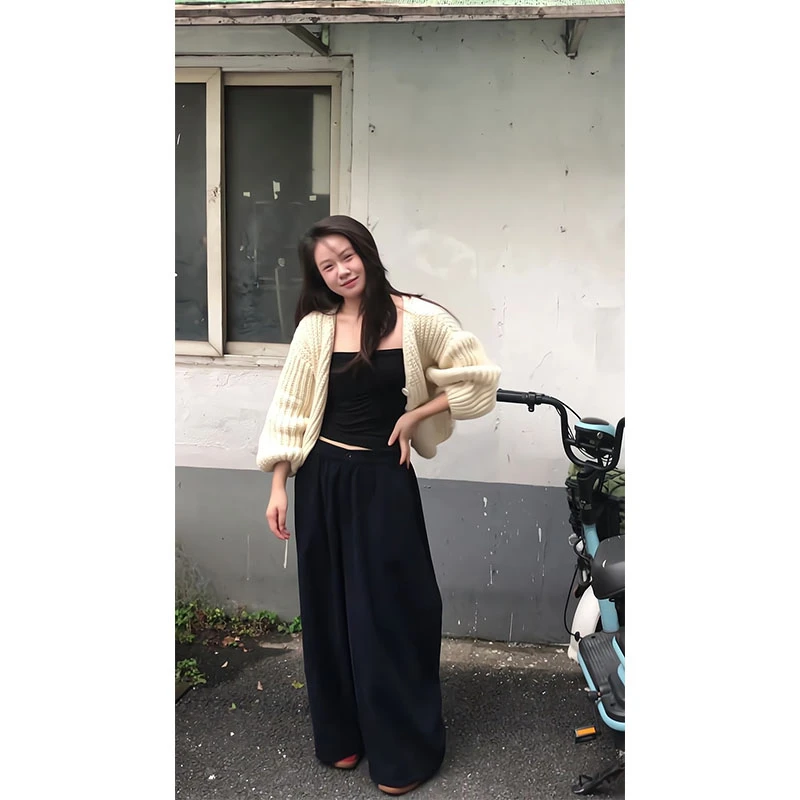 法式慵懒风V领宽松百搭灯笼袖软糯针织开衫毛衣外套宽松休闲裤