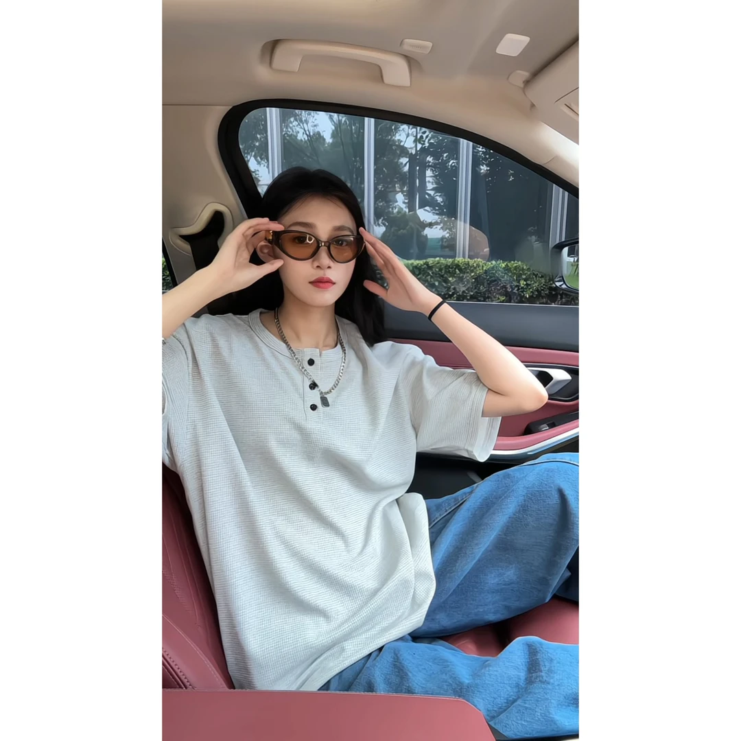 亨利领t恤短袖男款夏季华夫格凉感透气美式复古落肩袖宽松半袖衫