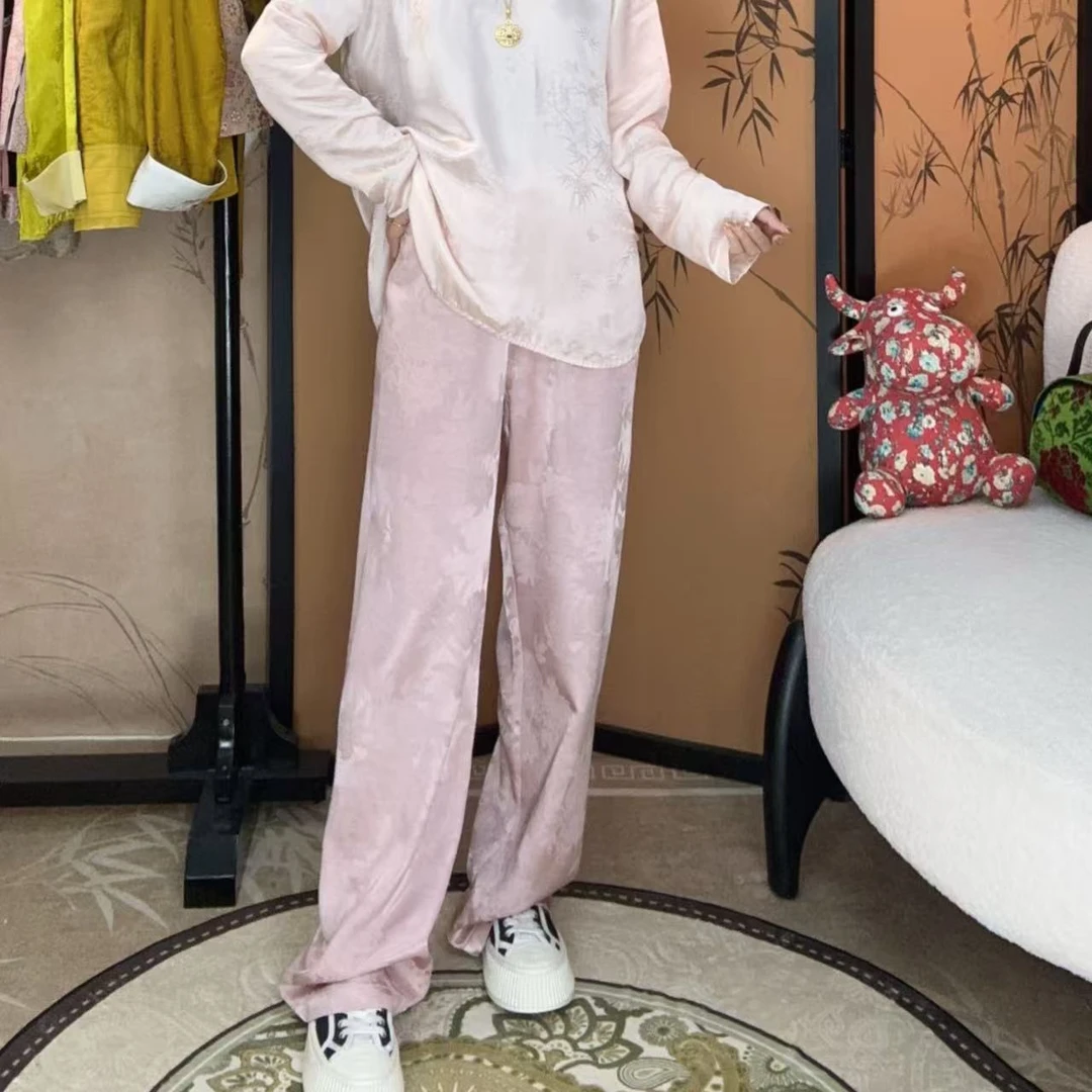 【小许夫妇】三色提花气质直筒裤新中式百搭复古宽松显瘦弹力腰