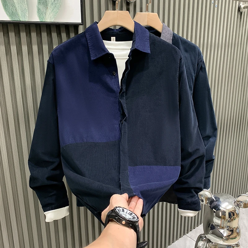 2025秋季新款潮流灯芯绒长袖衬衫设计感拼接休闲上衣男士宽松衬衣