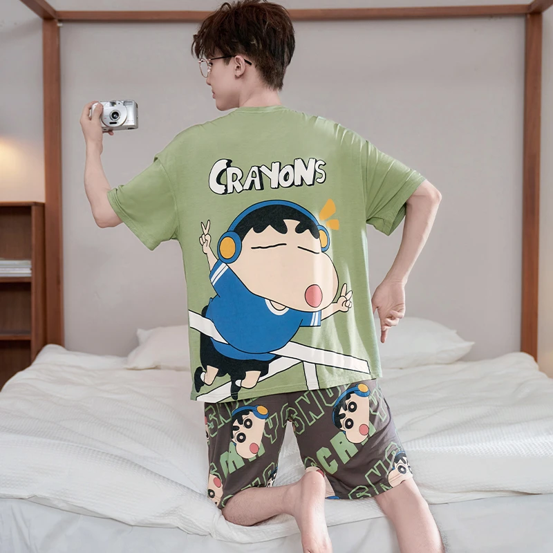 莫代尔睡衣男夏季薄款圆领套头大码短袖短裤宽松家居服套装可外穿