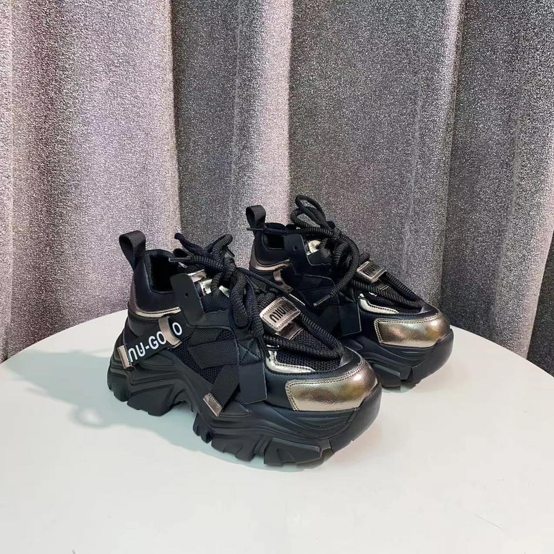 C1720 枪色 时尚厚底圆头系带女休闲运动鞋  老爹鞋