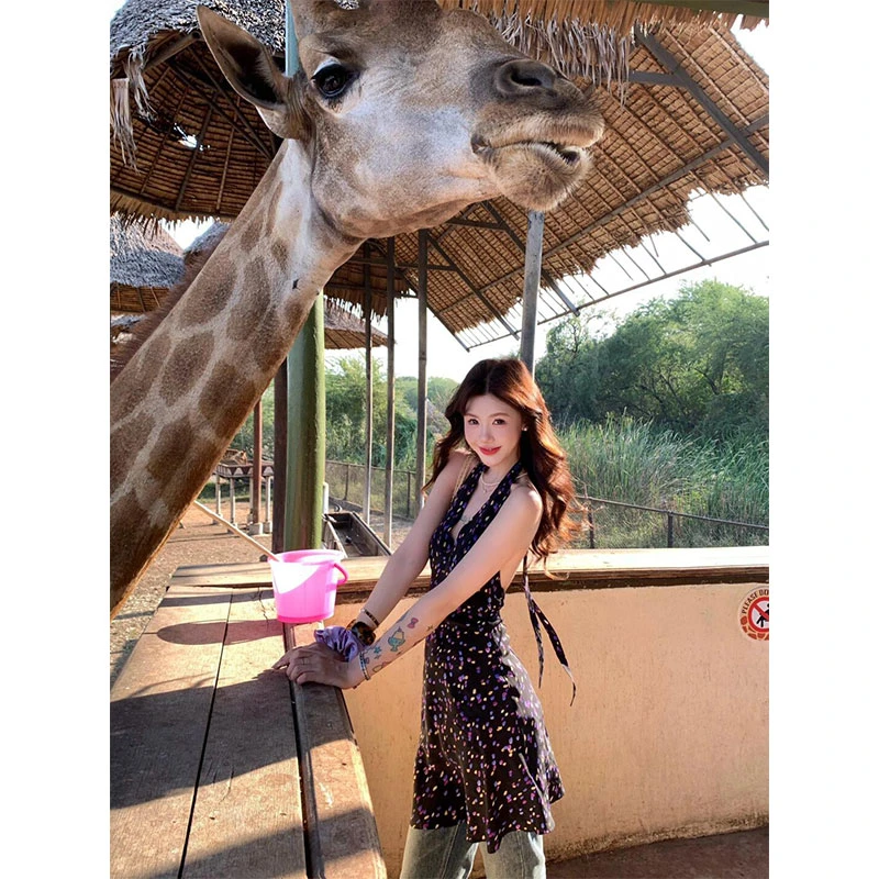 法式挂脖碎花连衣裙子女夏季2025新款海边度假露背V领小个子短裙