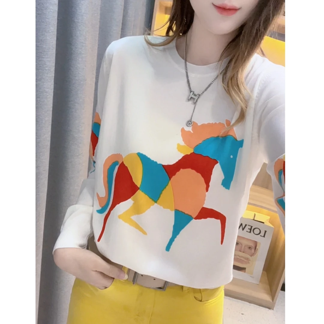 JL【七彩小马提花圆领】2025早春新款时尚长袖针织衫上衣