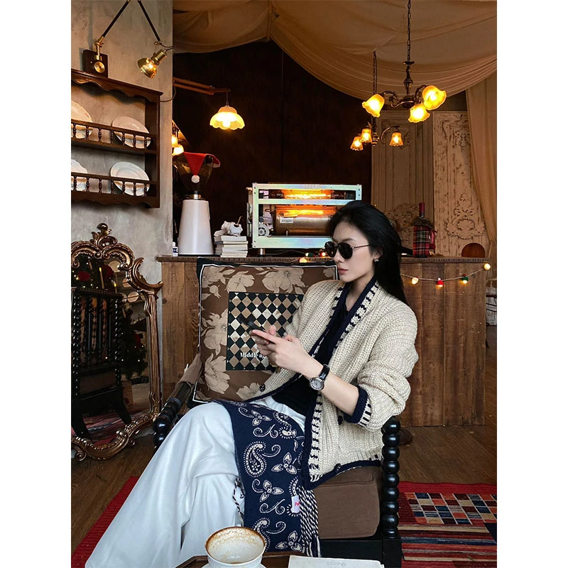 秋冬松弛感休闲百搭内搭小众针织长袖外套上衣高腰宽松直筒裤套装