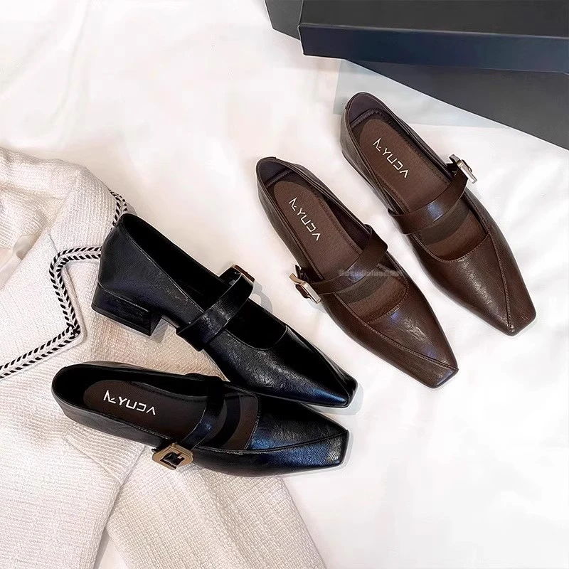 法式一字带方头浅口单鞋2025春秋韩版新款晚晚风复古小皮鞋粗跟鞋