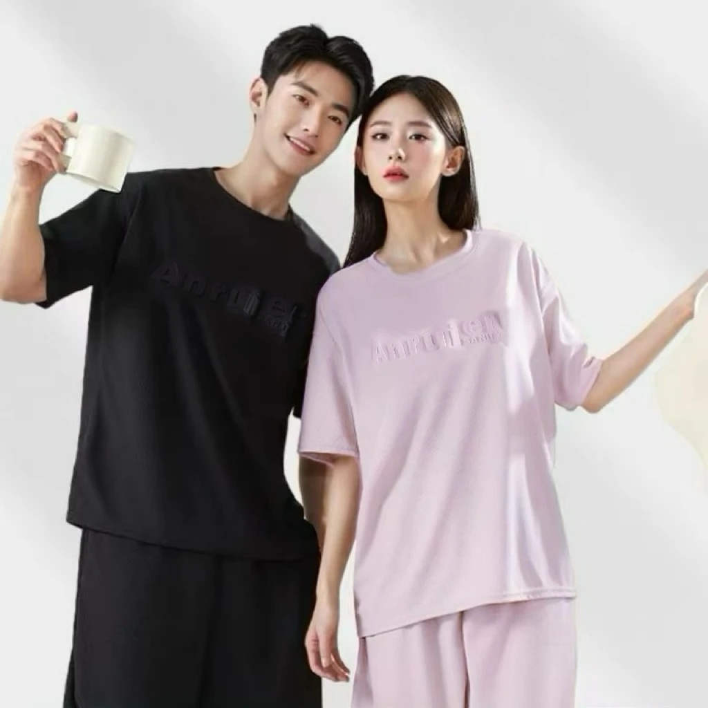 【宝妈专属】华夫格男女同款运动套装夏季时尚宽松休闲两件套504