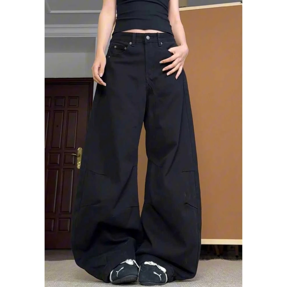 美式复古高街解构褶皱牛仔裤2025夏季宽松廓形阔腿弯刀垂感拖地裤