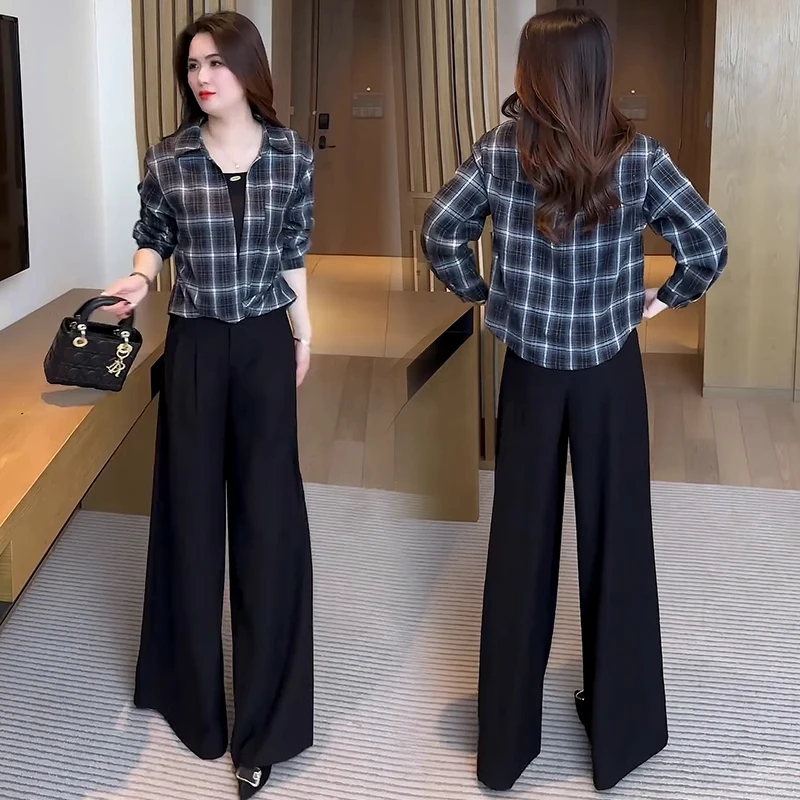 时尚套装女2025春季新款洋气显瘦格子衬衫高腰阔腿裤休闲两件套潮