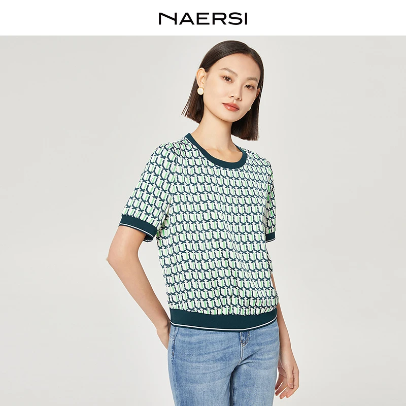 NAERSI/娜尔思时尚气质圆领印花短袖上衣夏季简约百搭ND04873L5