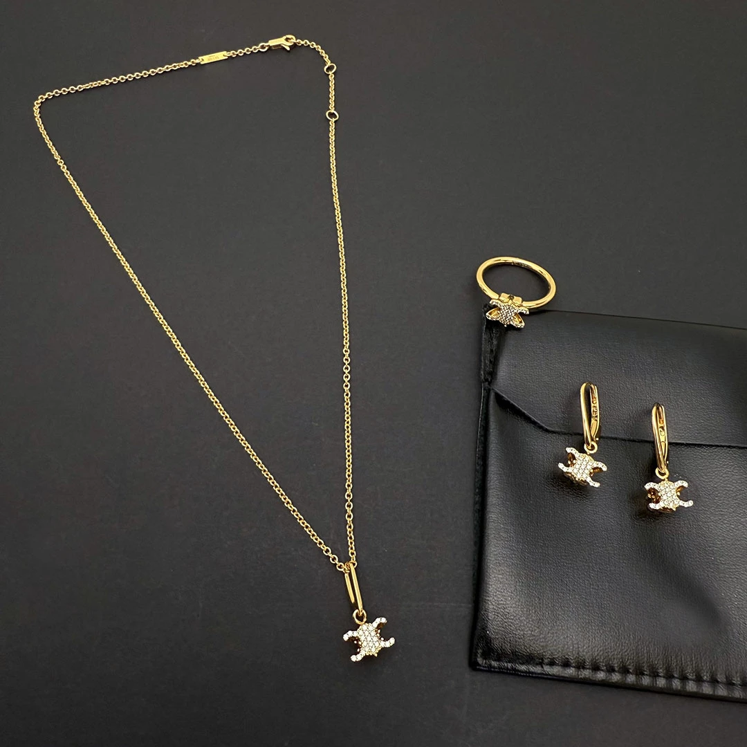 铜合金合成锆石项链 25新款满钻mini凯旋门徽标项链耳环戒指